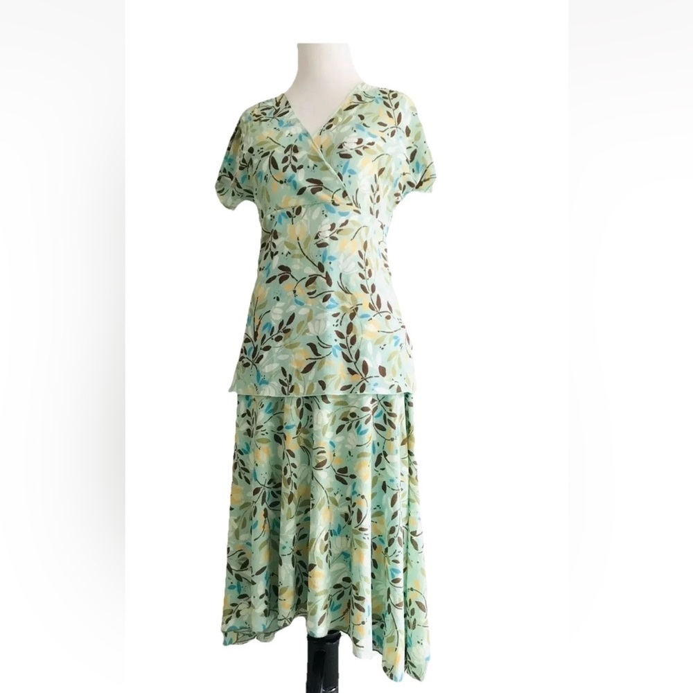 J Jill | Floral Short Sleeves Skirt Set Womens XS Blue A-line Pleated